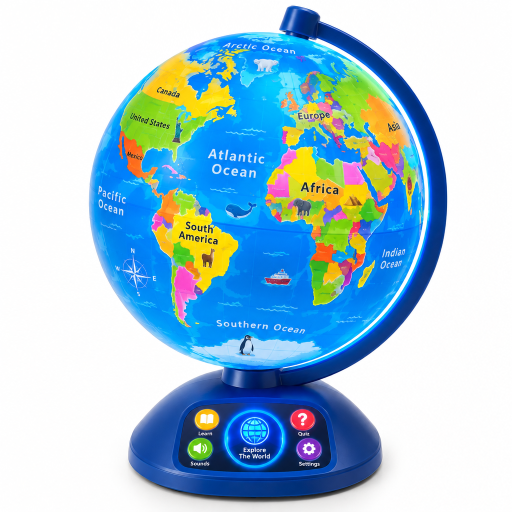 Interactive illuminated globe explorer toy for children ages 5-10 with touch-sensitive surface