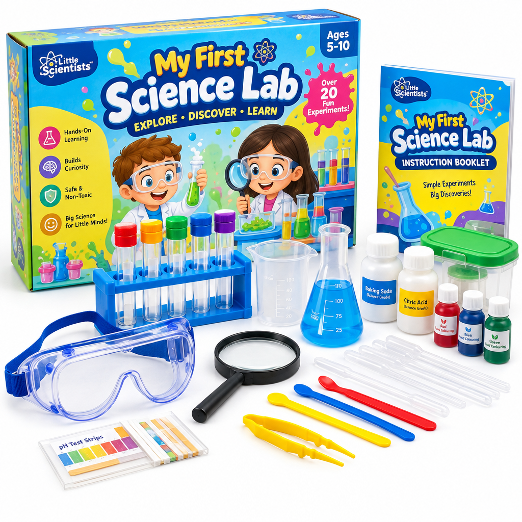 Educational science experiment kit for children ages 5-10 with test tubes, goggles and magnifying glass