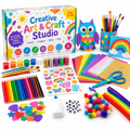 Creative art and craft studio set for children ages 5-10 with paints, brushes, pencils and craft supplies
