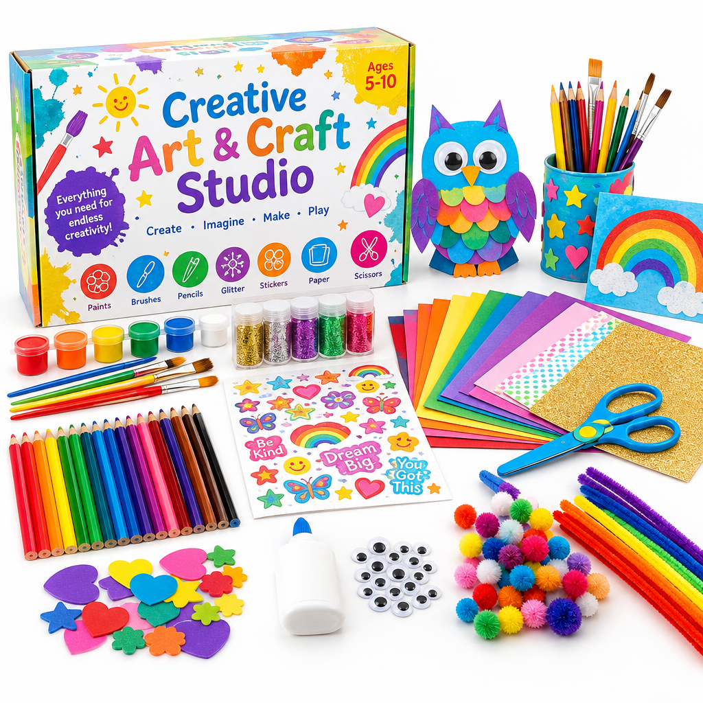 Creative art and craft studio set for children ages 5-10 with paints, brushes, pencils and craft supplies