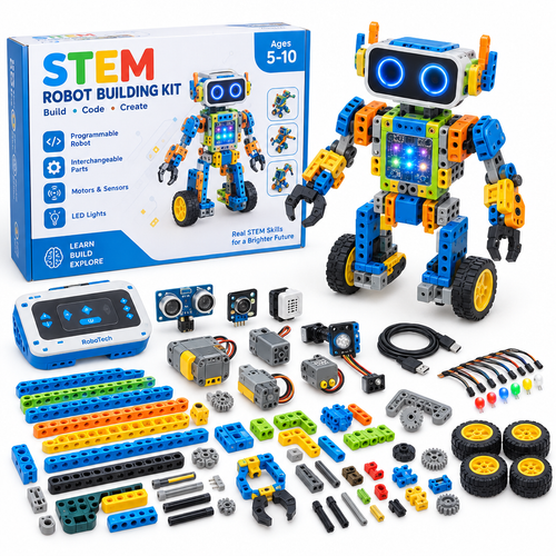 Deluxe STEM robot building kit for children with programmable robot, motors, sensors and LED lights
