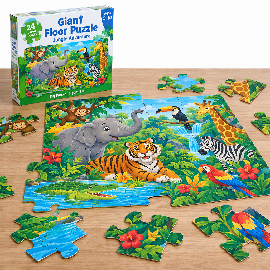 Giant colourful floor puzzle with jungle animal scene, 48 large pieces for children ages 5-10
